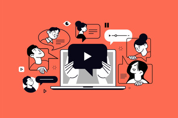 Fototapete - Conference call, online meeting, video call. Vector illustration for web banner, social media banner, business presentation, marketing material. 