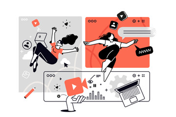 Fototapete - Video app and communication. Vector illustrations for web banner, social media banner, business presentation, marketing material.
