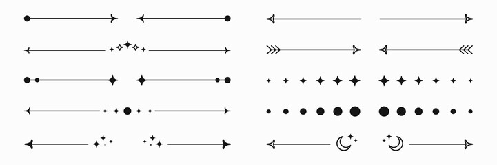 Poster - Graphic dividers and decorations, y2k aesthetics shapes and stickers. Arrows and stars, moons and circles. Vector design elements.