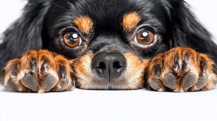 Aufkleber - Close-up of a cute dog's face and paws resting on a white surface.