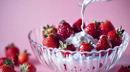 Aufkleber - Fresh strawberries in a glass bowl being poured with cream against a pink background.