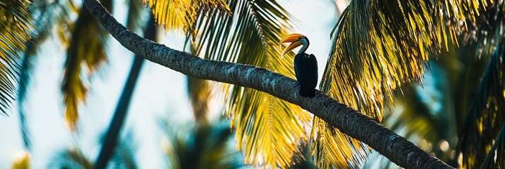 Poster - Hornbill perched on palm tree branch, vibrant tropical setting.