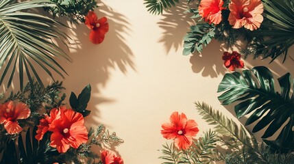Poster - Flat lay of tropical flowers and leaves with sunlight shadows on beige background.