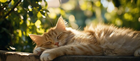 Poster - Fluffy ginger cat naps peacefully outdoors in sunlight, nestled amongst green leaves.