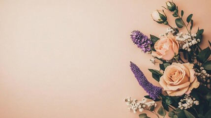 Aufkleber - Peach roses and purple flowers on a peach background.