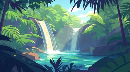 Aufkleber - Lush tropical rainforest waterfall cascading into a serene pool, surrounded by vibrant green foliage under a bright sky.