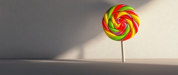 Poster - Colorful swirl lollipop on a stick against a neutral background, lit by sunlight.