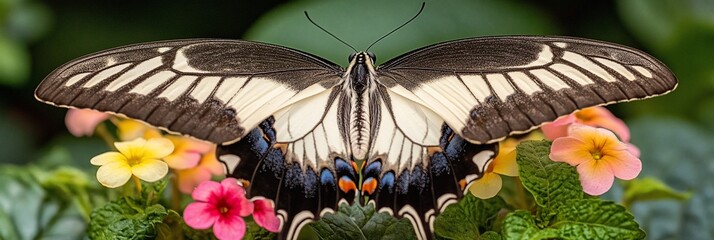 Aufkleber - Close-up of a large butterfly with black and white wings perched on colorful flowers.