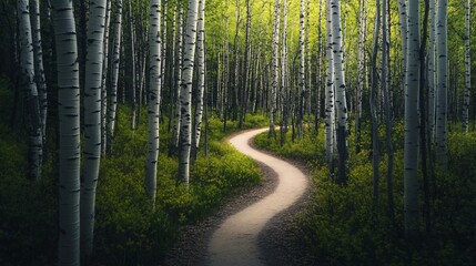 Aufkleber - Winding path through a sun-dappled aspen grove.