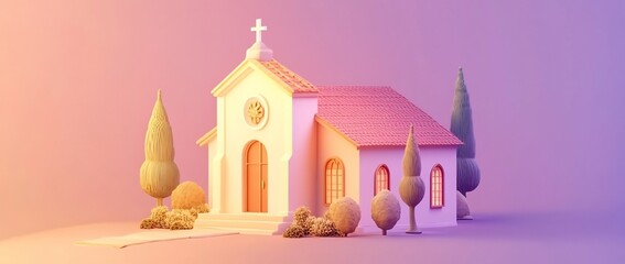 Aufkleber - Idyllic 3D rendered church model at sunset, surrounded by lush greenery.