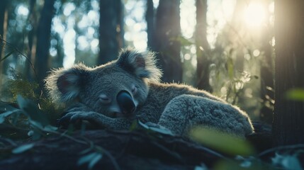 Poster - A sleepy koala rests on the forest floor, bathed in the warm glow of the setting sun.