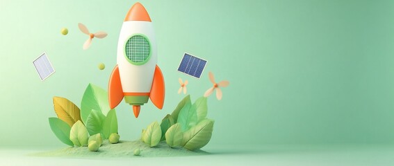 Aufkleber - Cartoon rocket launching amidst green leaves, solar panels, and wind turbines, symbolizing sustainable energy and innovation.