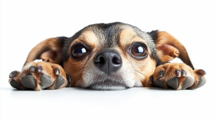Aufkleber - Adorable small dog with big eyes resting paws on white background.