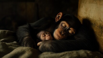 Poster - A mother chimpanzee tenderly cradles her sleeping baby, nestled in a soft blanket.
