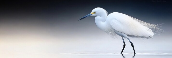 Poster - Snowy egret wading in shallow water, elegant pose, soft light.