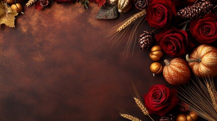 Aufkleber - Autumnal border with red roses, pumpkins, wheat, and pine cones on a rustic background.