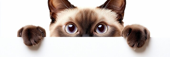 Aufkleber - Curious cat peeking over white background, showing paws.