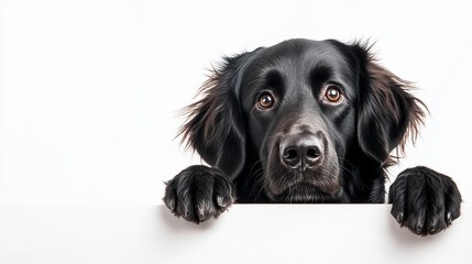 Poster - Black dog with paws on white background, looking at camera.