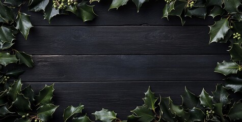 Leinwandbilder - Dark wood background framed by lush green holly leaves and berries.
