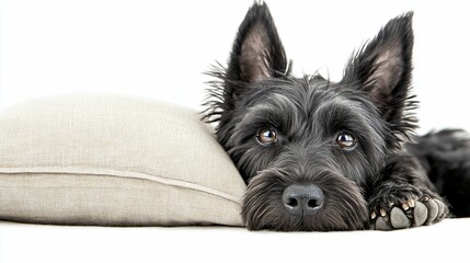 Poster - A black Scottish Terrier dog rests its head on a beige pillow against a white background.
