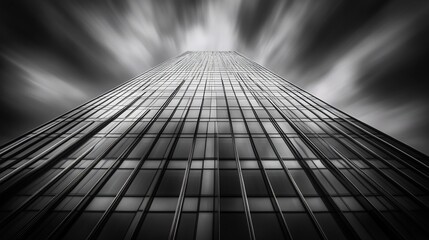 Poster - Dramatic low-angle monochrome shot of a skyscraper reaching towards a dynamic, blurred sky.