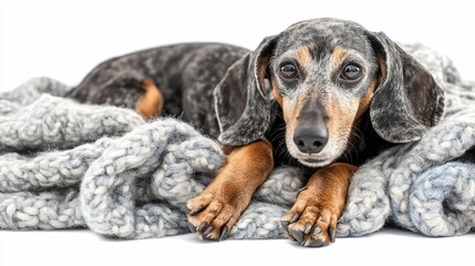 Poster - Senior dapple dachshund dog resting on a cozy knitted blanket, isolated on white background.