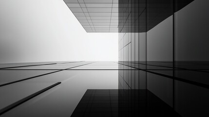 Poster - Abstract grayscale image of modern glass architecture, showcasing geometric lines and reflections.
