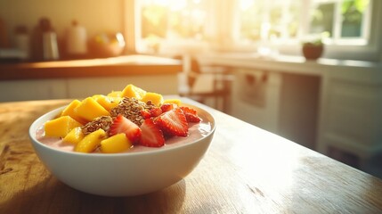 Poster - Delicious healthy breakfast bowl with yogurt, mango, strawberries, and granola on kitchen table.
