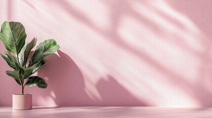 Poster - Pink wall background with potted fiddle leaf fig plant and sunlight shadows.