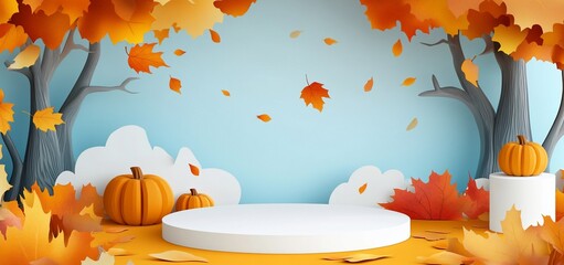 Aufkleber - Autumnal scene with pumpkins and leaves around a white podium.