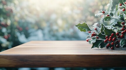 Poster - Festive holly sprig with red berries on a wooden table against a blurred winter background.