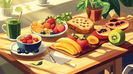 Poster - Sunny morning breakfast table with fresh fruits, berries, toast, and green smoothie.