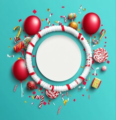 Poster - Festive birthday background with red balloons, candy, and confetti surrounding a circular frame.