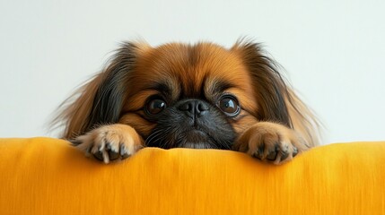 Poster - Adorable Pekingese puppy peering over a yellow cushion, big eyes, fluffy fur.