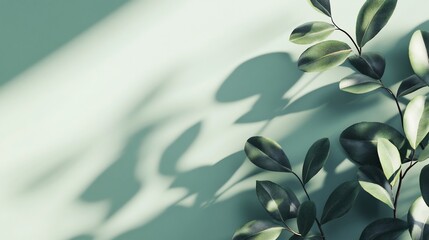 Aufkleber - Lush green leaves cast shadows on a light green background.