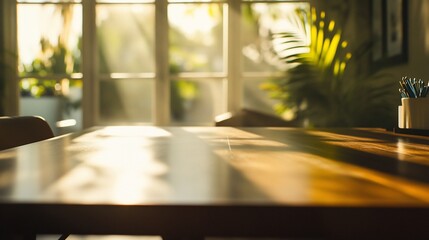 Poster - Sunlit wooden table in a bright room near a window.