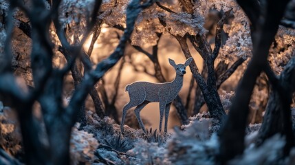 Poster - A lone deer stands in a serene, twilight forest, illuminated by a warm sunset.