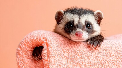 Aufkleber - Adorable baby palm civet resting on a soft peach towel.