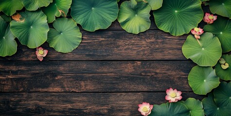 Leinwandbilder - Lush green lotus leaves and buds arranged on dark brown wooden planks, creating a natural frame.