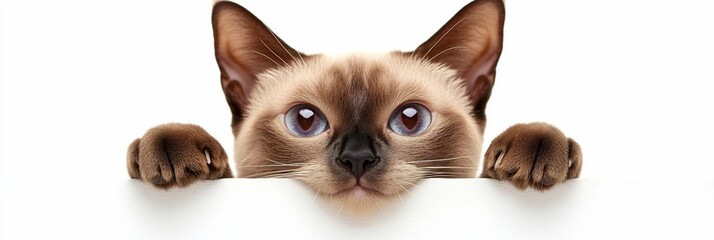 Aufkleber - Curious Siamese cat peeking over white surface, showing paws and face.