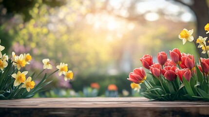 Poster - Spring flowers, tulips and daffodils, on wooden table, sunlit garden background.