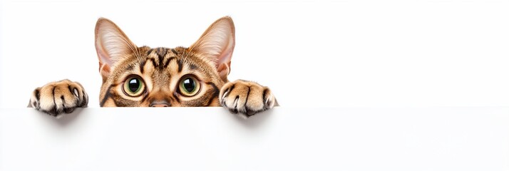 Poster - Curious cat peeking over white background.