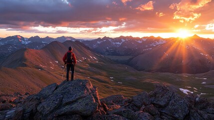 Poster - Hiker on mountain peak at sunset, enjoying panoramic view of vast valley and majestic mountain range.