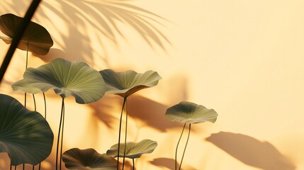 Aufkleber - Sunlight illuminates large lotus leaves against a warm yellow wall, casting palm shadows.