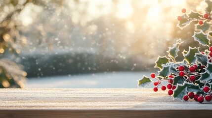 Poster - Frosty holly berries on wooden surface with blurred winter background.