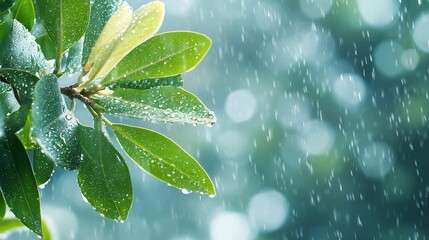 Aufkleber - Lush green leaves glistening with raindrops during a gentle rain shower.