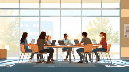 Poster - Diverse students collaborate on laptops around a circular table in a bright classroom near large windows.