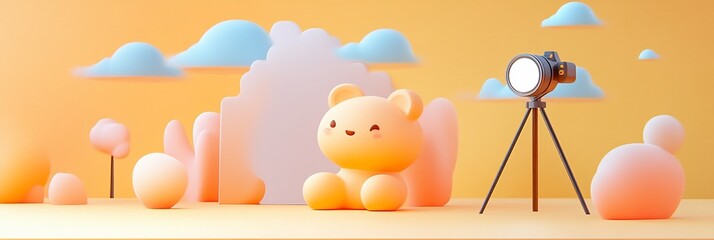 Poster - Cute cartoon bear photoshoot in a pastel landscape with lighting equipment.