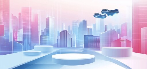 Poster - futuristic city skyline with flying vehicles and platforms.