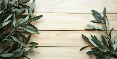 Leinwandbilder - Olive branches frame on light wood background.